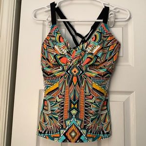 Title Nine 36DD Tankini Top Orange Teal Black White Underwire